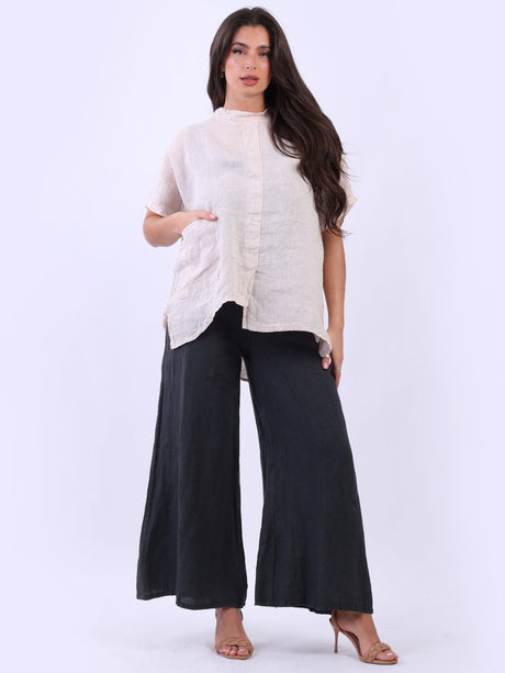 Front Pocket Plain Baggy Linen Top