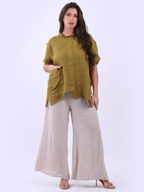 Front Pocket Plain Baggy Linen Top