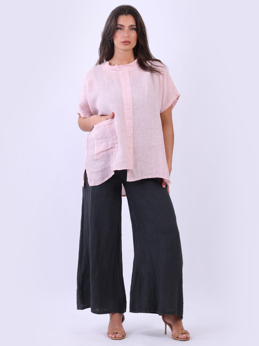 Front Pocket Plain Baggy Linen Top