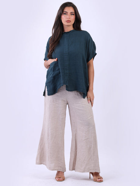 Front Pocket Plain Baggy Linen Top