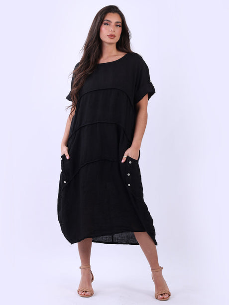 Tabbed Sleeves Pleated Solid Linen Lagenlook Dress