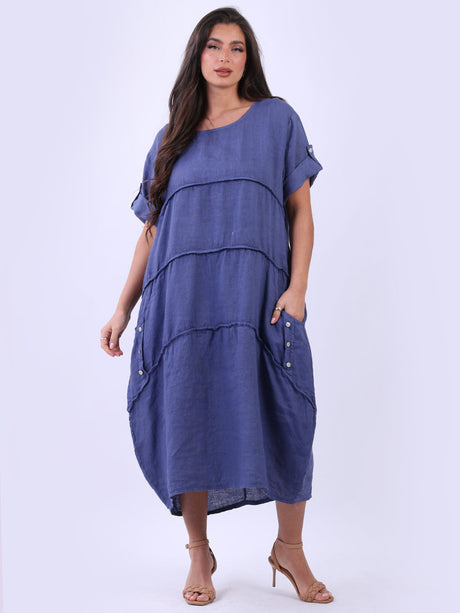 Tabbed Sleeves Pleated Solid Linen Lagenlook Dress