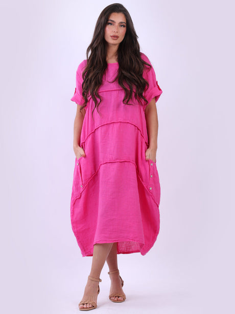 Tabbed Sleeves Pleated Solid Linen Lagenlook Dress