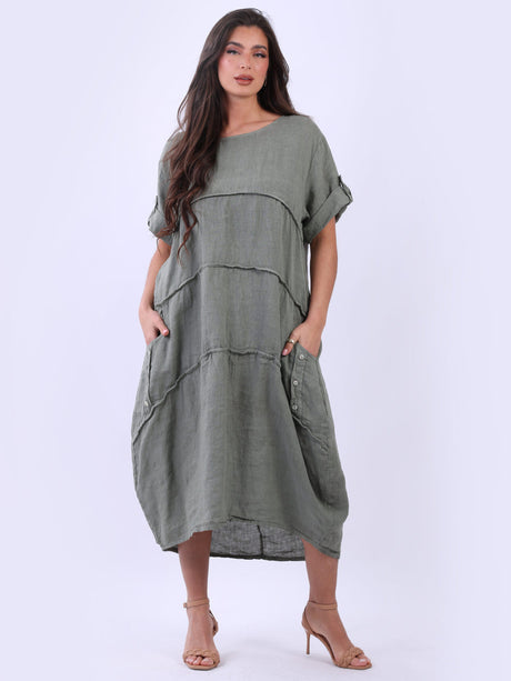 Tabbed Sleeves Pleated Solid Linen Lagenlook Dress