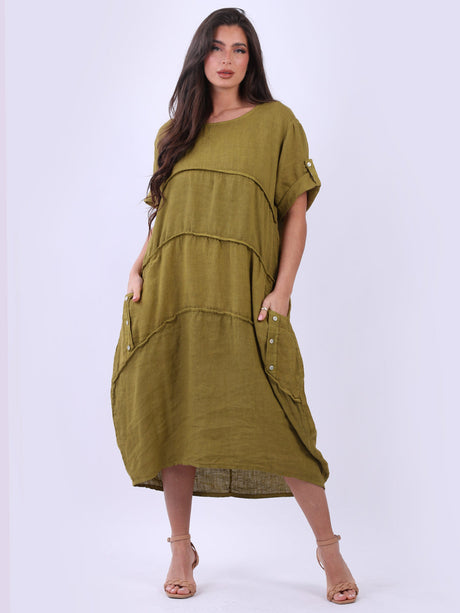 Tabbed Sleeves Pleated Solid Linen Lagenlook Dress