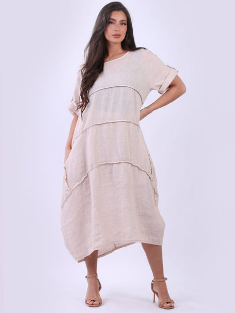 Tabbed Sleeves Pleated Solid Linen Lagenlook Dress