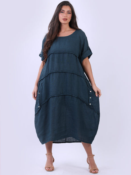 Tabbed Sleeves Pleated Solid Linen Lagenlook Dress