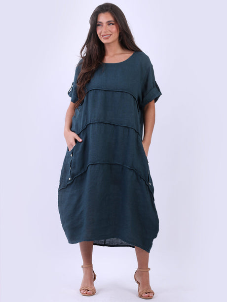 Tabbed Sleeves Pleated Solid Linen Lagenlook Dress