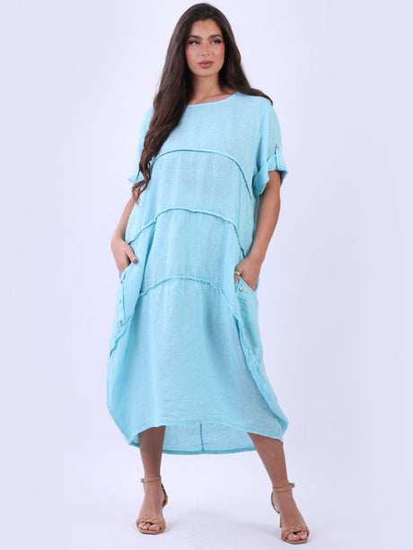 Tabbed Sleeves Pleated Solid Linen Lagenlook Dress