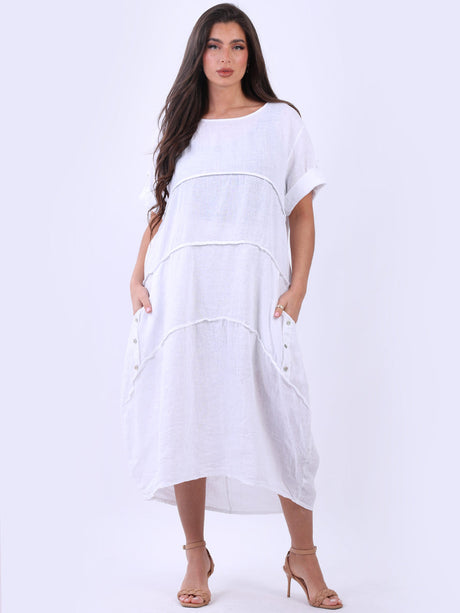 Tabbed Sleeves Pleated Solid Linen Lagenlook Dress