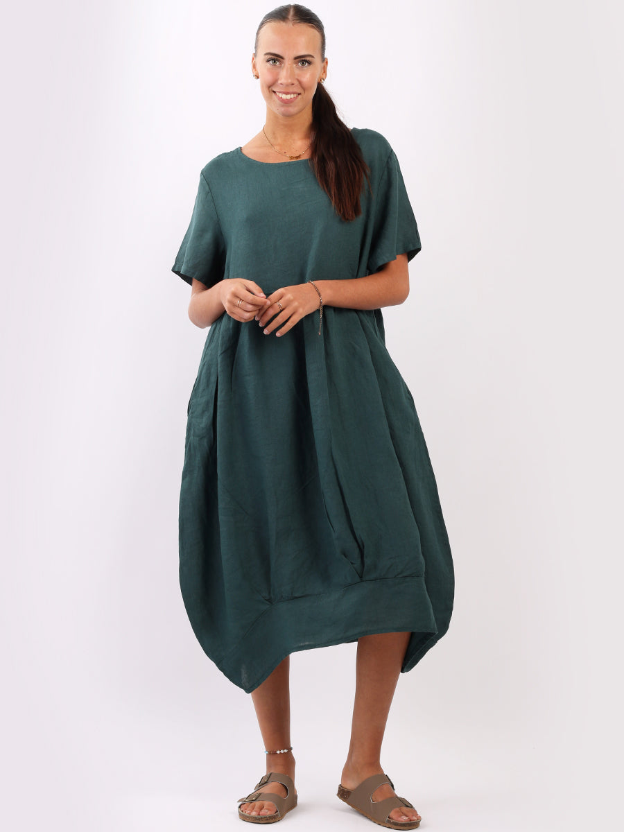 Plain Linen Ladies Midi Swing Dress Teal One Size UK 10 16