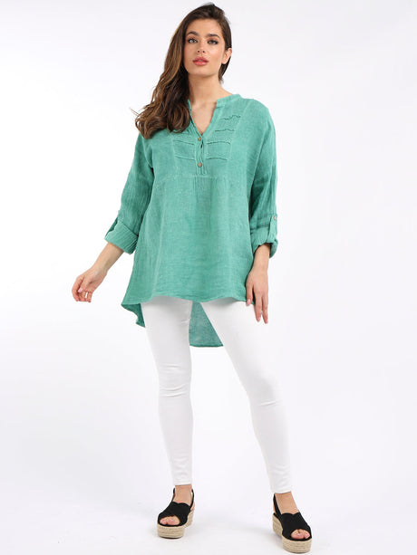 Plain Pleated High Low Ladies Linen Tunic Top