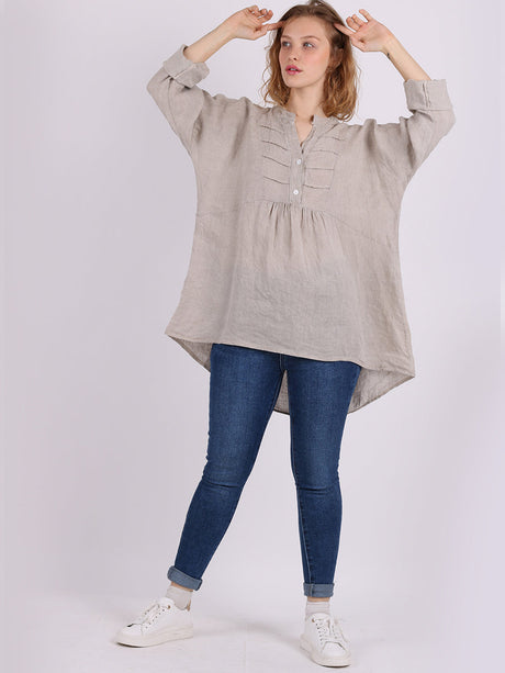 Plain Pleated High Low Ladies Linen Tunic Top