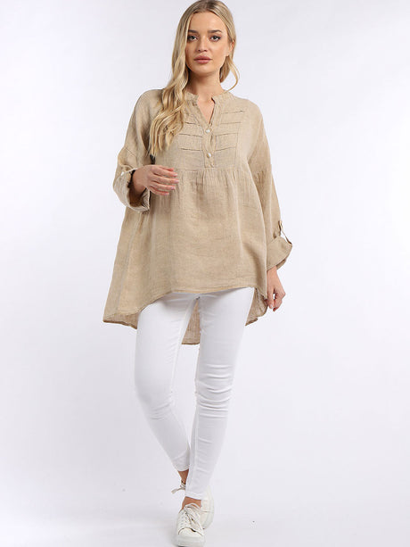 Plain Pleated High Low Ladies Linen Tunic Top