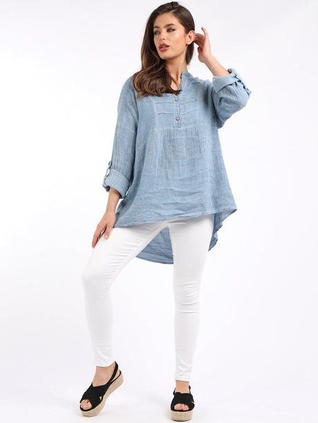 Plain Pleated High Low Ladies Linen Tunic Top