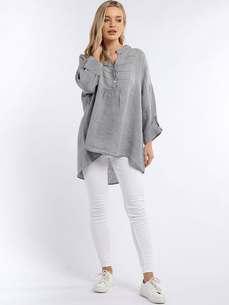 Plain Pleated High Low Ladies Linen Tunic Top