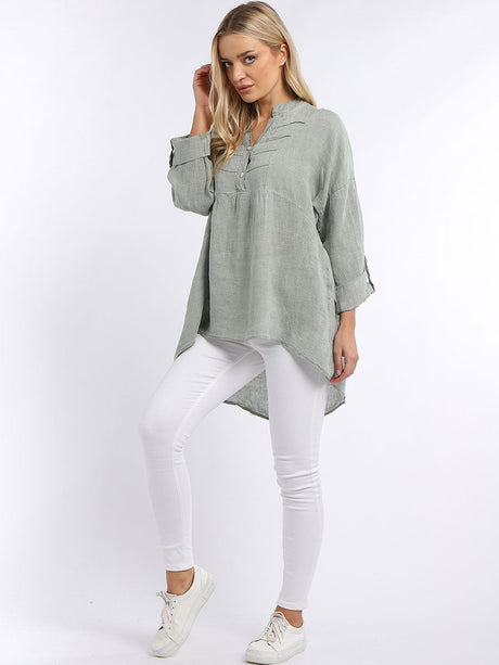 Plain Pleated High Low Ladies Linen Tunic Top