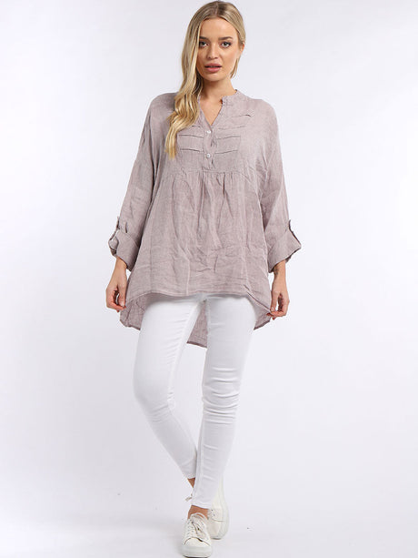 Plain Pleated High Low Ladies Linen Tunic Top