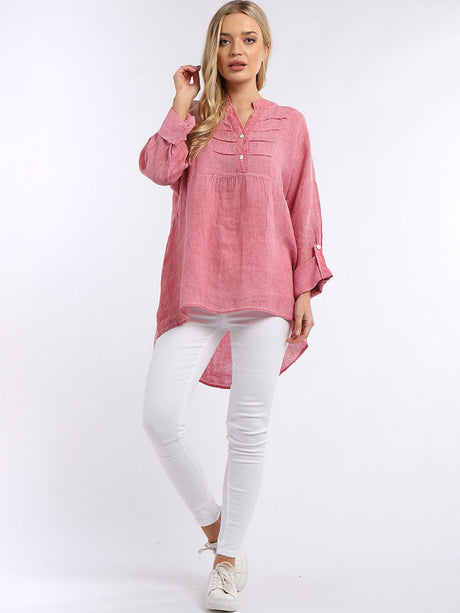 Plain Pleated High Low Ladies Linen Tunic Top