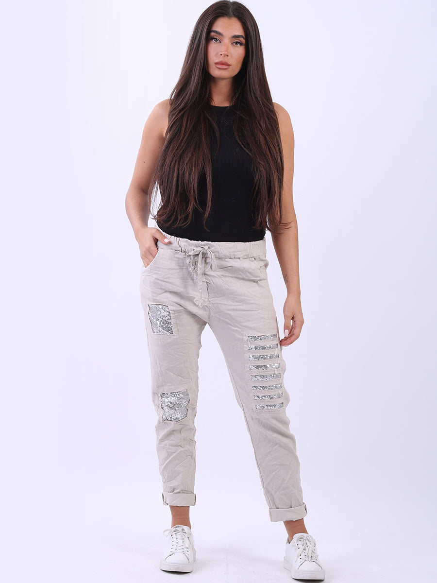 Ladies Sequin Ripped Magic Pant Beige