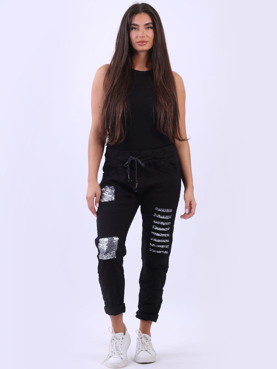 Ladies Sequin Ripped Magic Pant Black