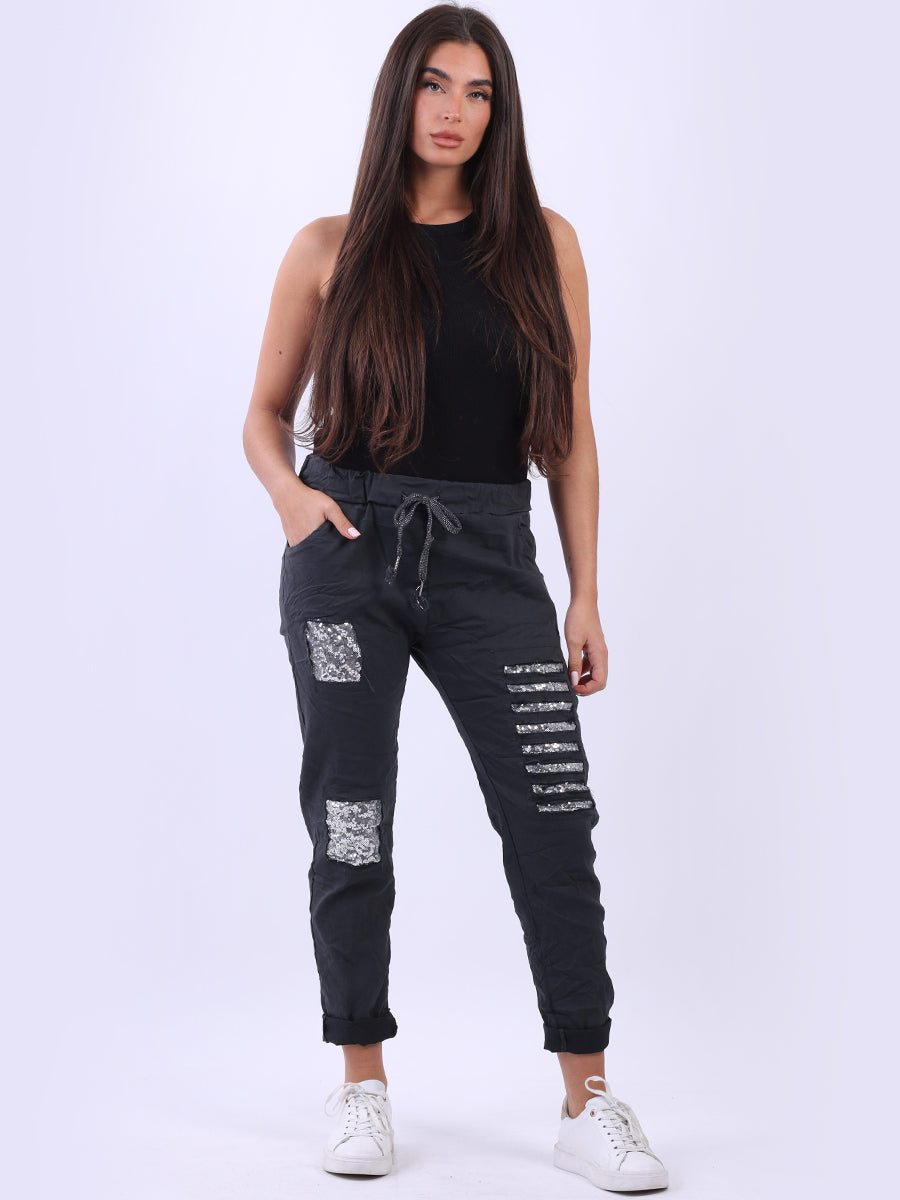 Ladies Sequin Ripped Magic Pant Charcoal