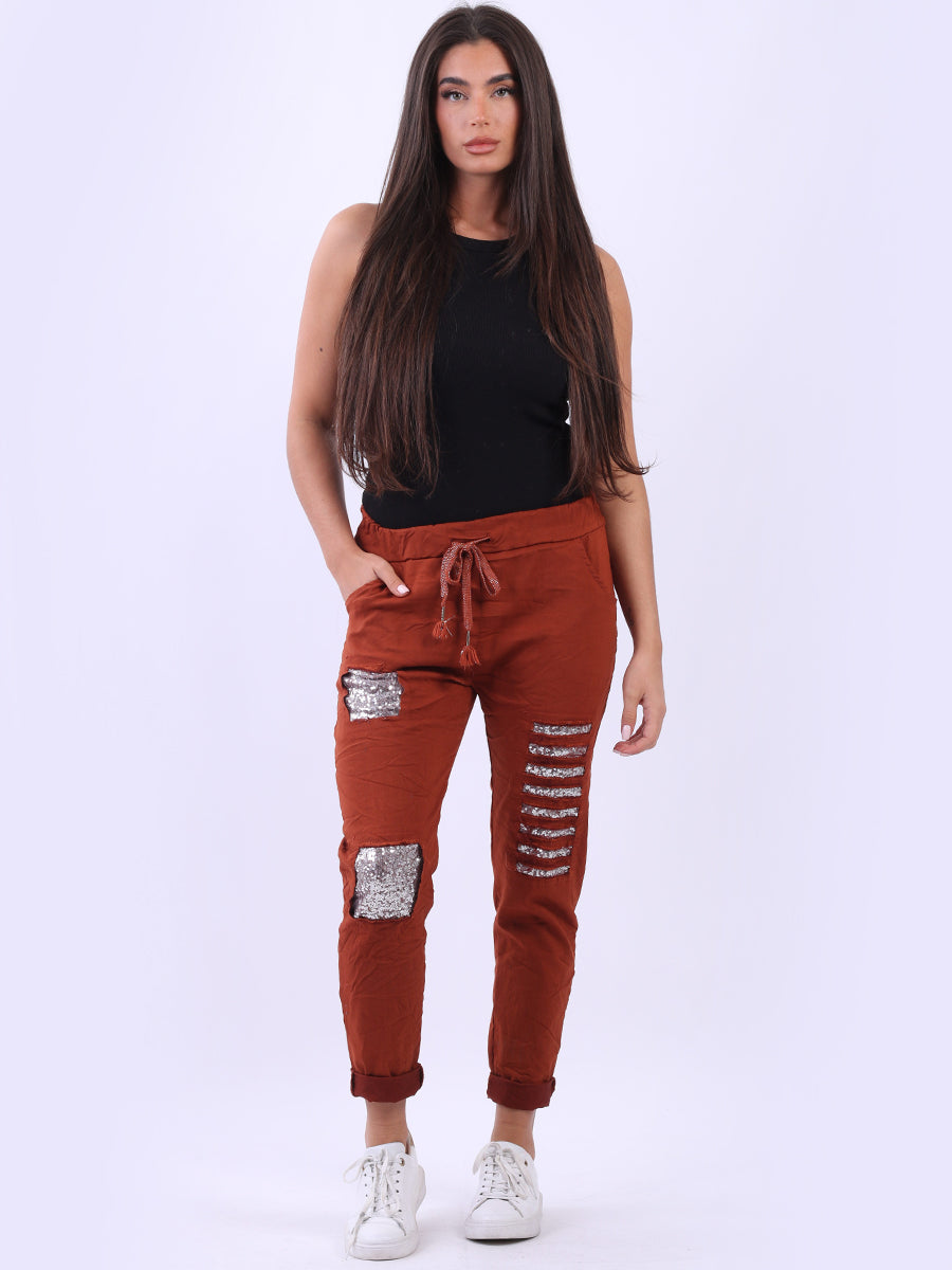 Ladies Sequin Ripped Magic Pant Rust