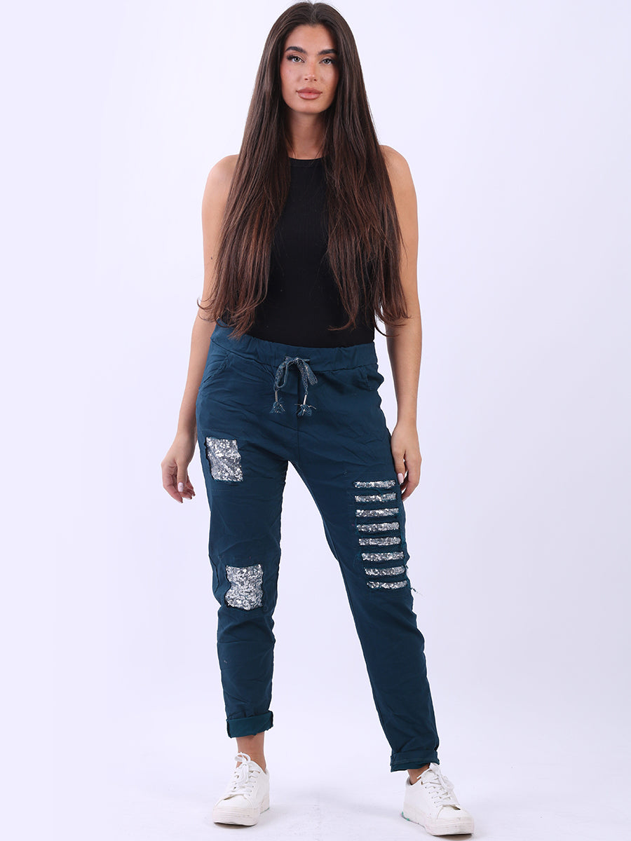Ladies Sequin Ripped Magic Pant Teal