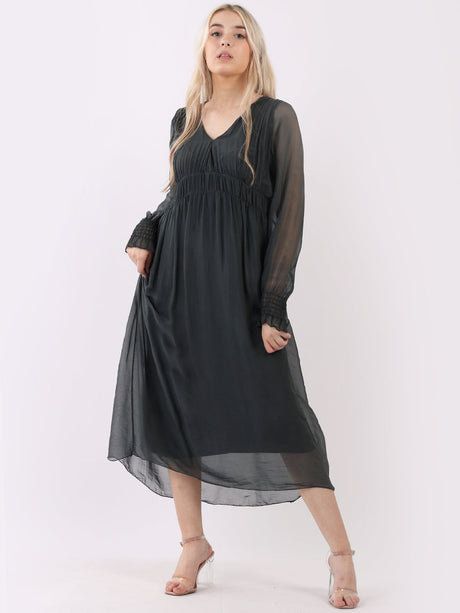 Plain Shirred Peasant Maxi Silk Dress