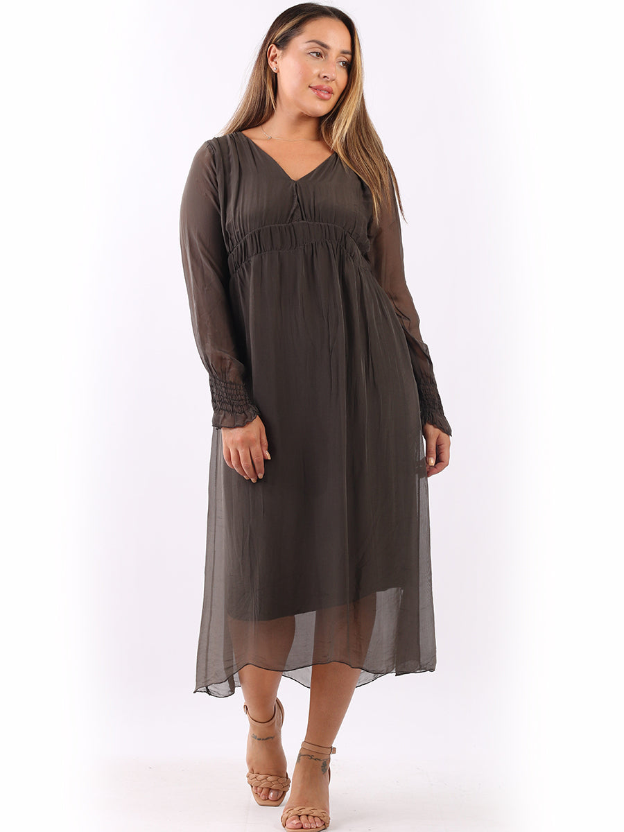 Ladies Plain Flared Maxi Shirred Silk Dress