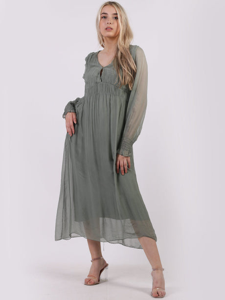 Plain Shirred Peasant Maxi Silk Dress