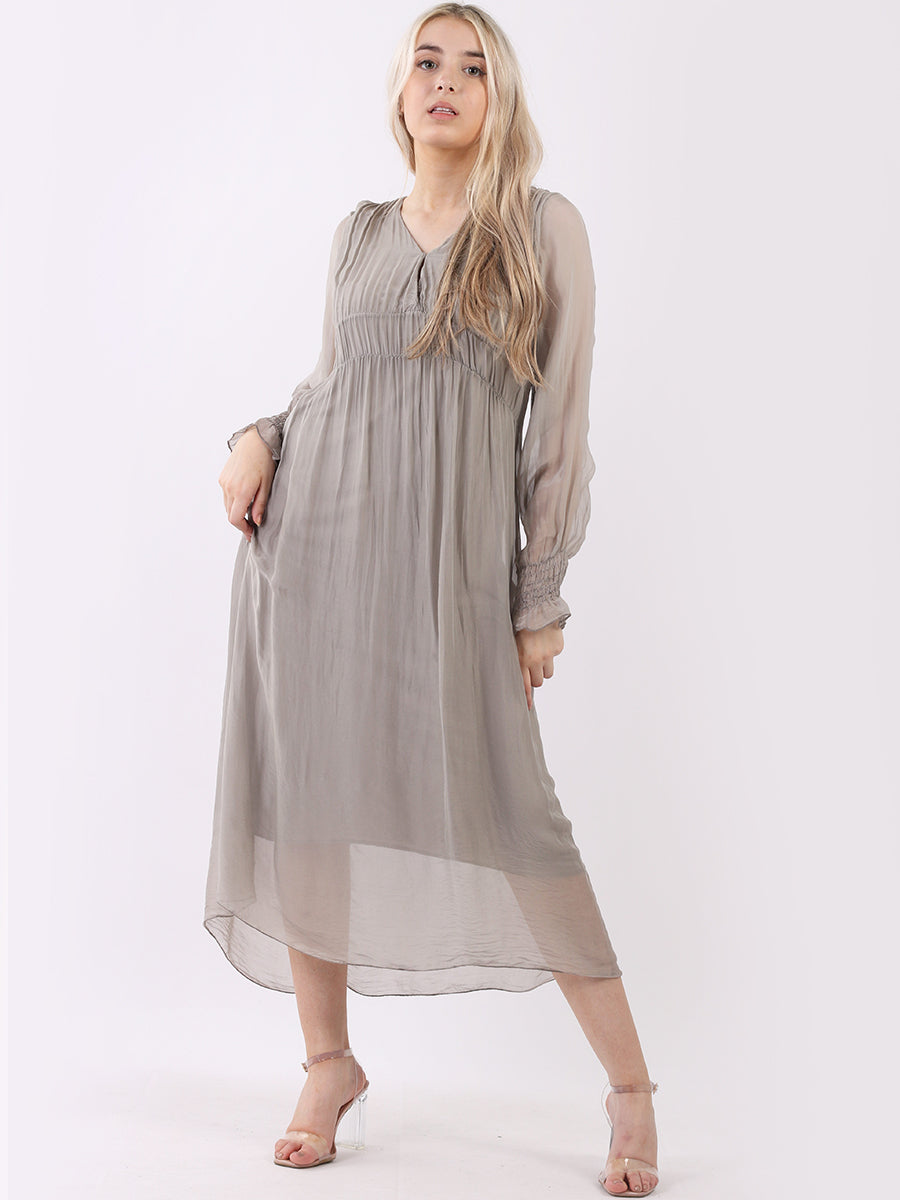 Plain Shirred Peasant Maxi Silk Dress