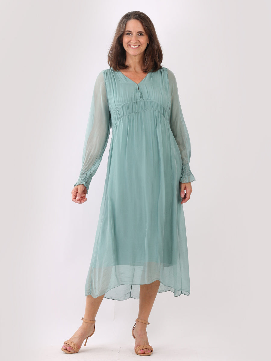 Ladies Plain Flared Maxi Shirred Silk Dress