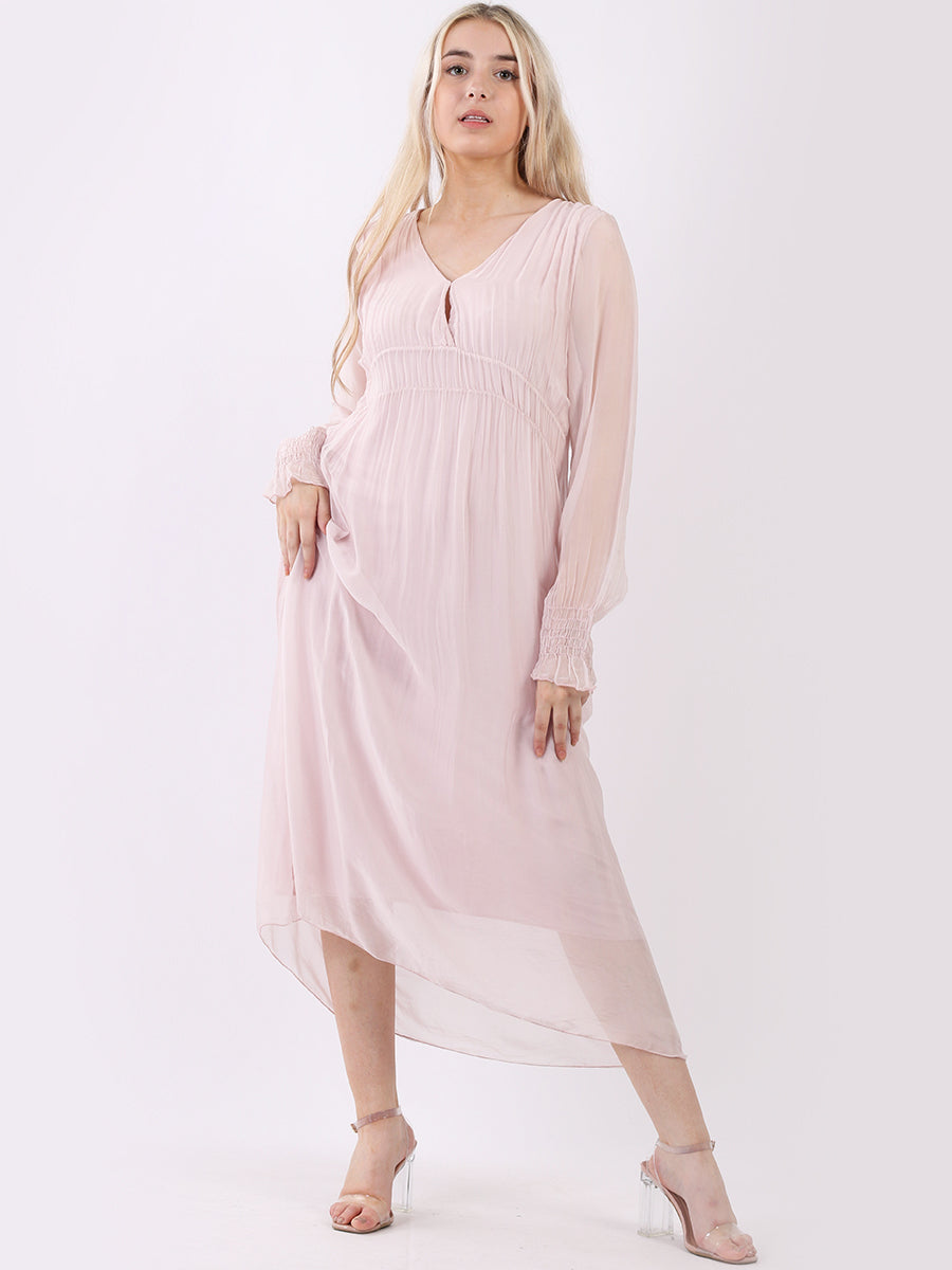 Plain Shirred Peasant Maxi Silk Dress