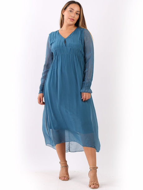 Ladies Plain Flared Maxi Shirred Silk Dress