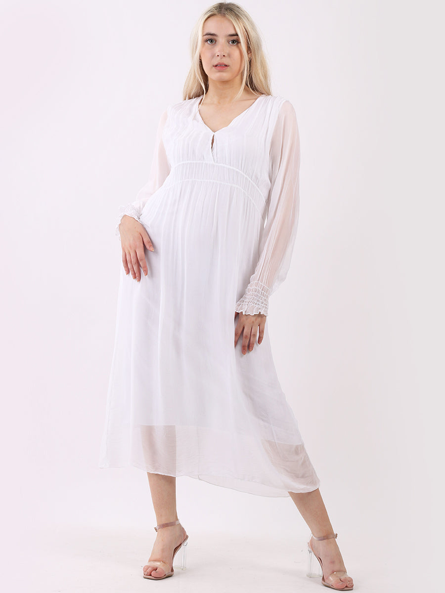 Plain Shirred Peasant Maxi Silk Dress