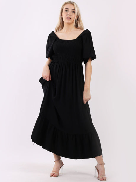 Shirred Smocked Puff Sleeves Maxi Sundress