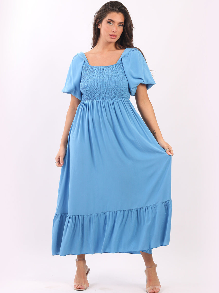 Ladies Plain Smocked Maxi Frilled Swing Sundress Denim One Size UK 10 16