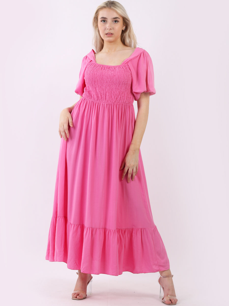 Shirred Smocked Puff Sleeves Maxi Sundress