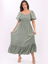 Ladies Plain Smocked Maxi Frilled Swing Sundress