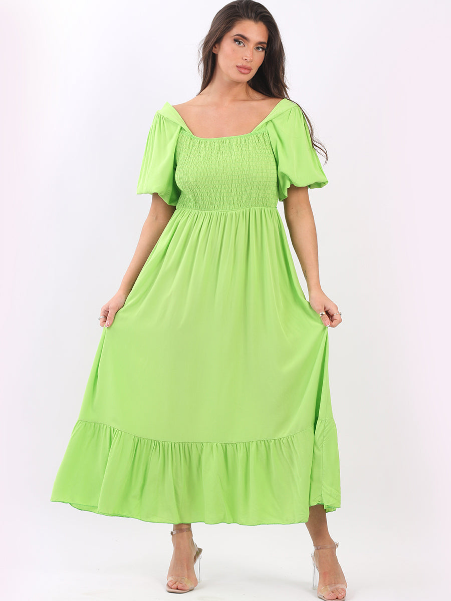 Ladies Plain Smocked Maxi Frilled Swing Sundress