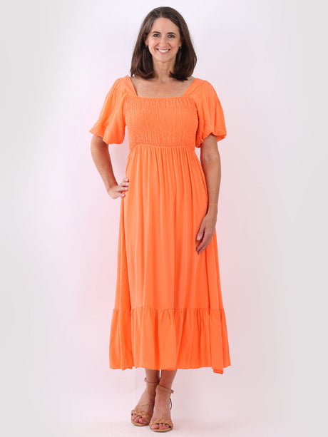 Ladies Plain Smocked Maxi Frilled Swing Sundress