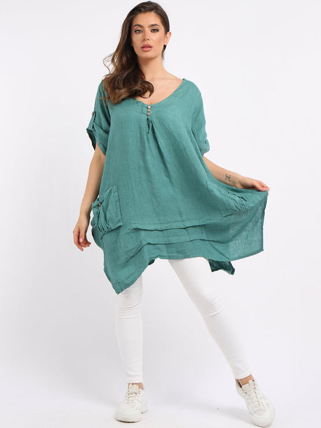 Plus Size Plain Linen Dip Side Tunic Top