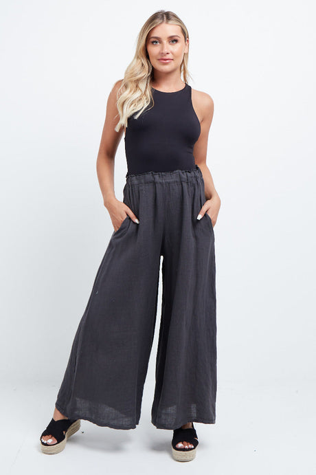 Women Plain Wide Leg Linen Palazzo