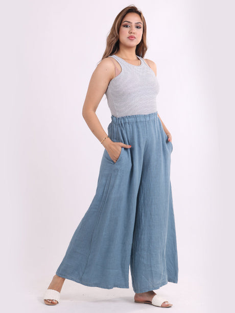 Women Plain Wide Leg Linen Palazzo