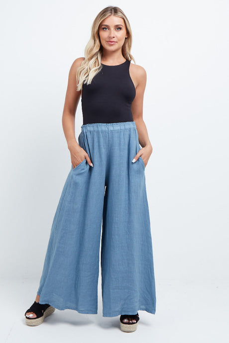 Women Plain Wide Leg Linen Palazzo