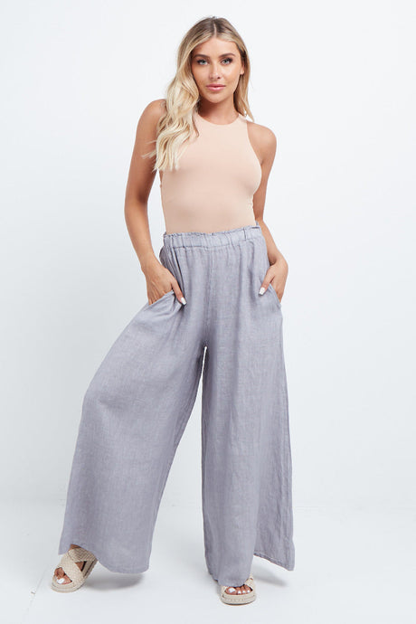 Women Plain Wide Leg Linen Palazzo