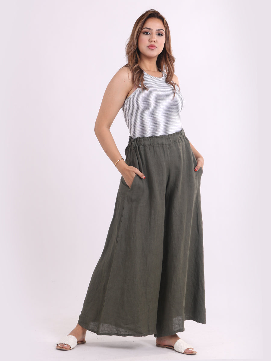 Women Plain Wide Leg Linen Palazzo