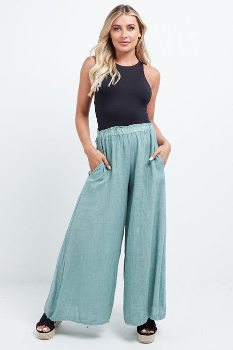 Women Plain Wide Leg Linen Palazzo