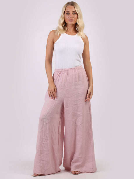 Women Plain Wide Leg Linen Palazzo